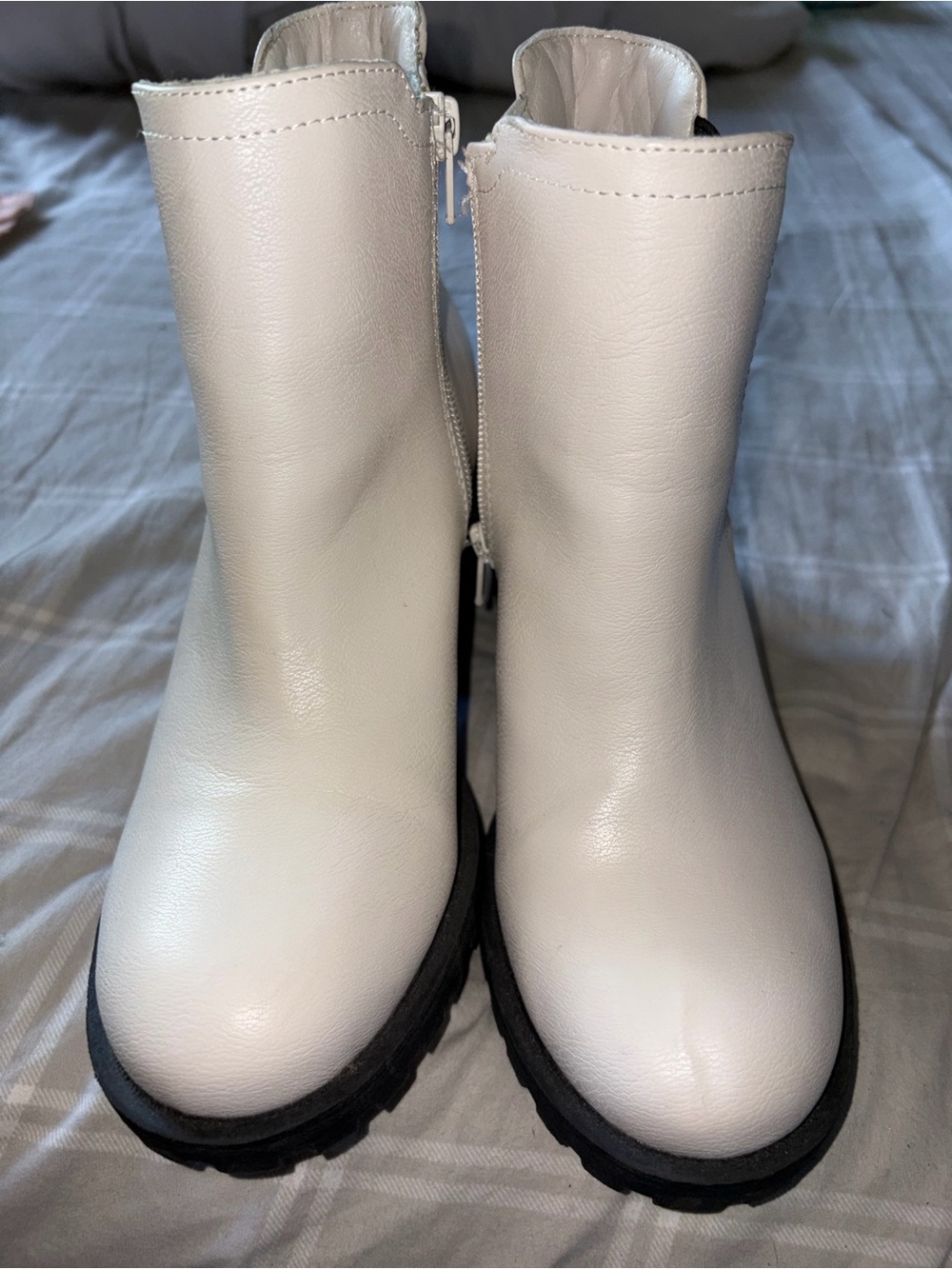 Sun + Stone White Leather-Look Ankle Boots with Black Lug Sole